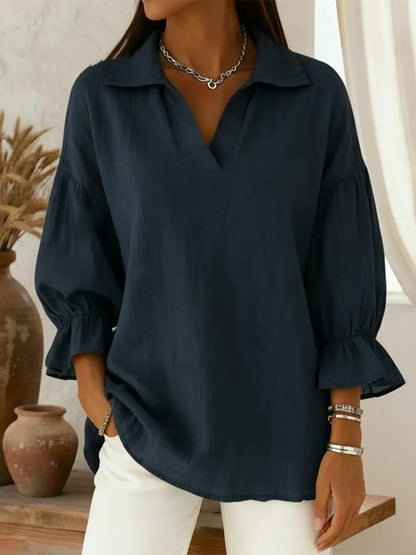 Shawl Collar Puff Sleeve Three Quarter Sleeve Plain Split Joint Regular Micro-Elasticity Loose Tunic Shirt For Women