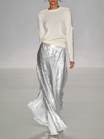 Women's Fashionable Casual Round Neck Knitted Top With Sequined Long Skirt Suit