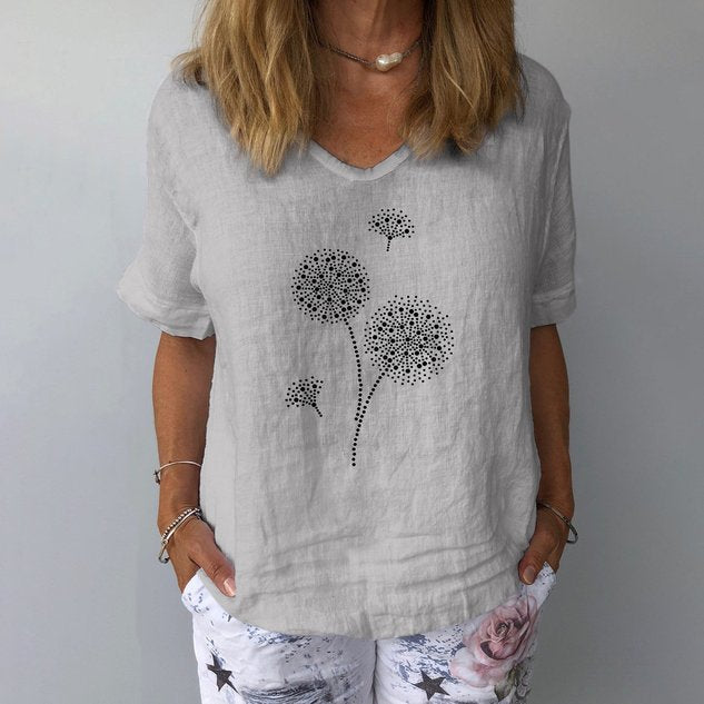 Crew Neck Short Sleeve Dandelion Regular Loose Tunic Blouse For Women