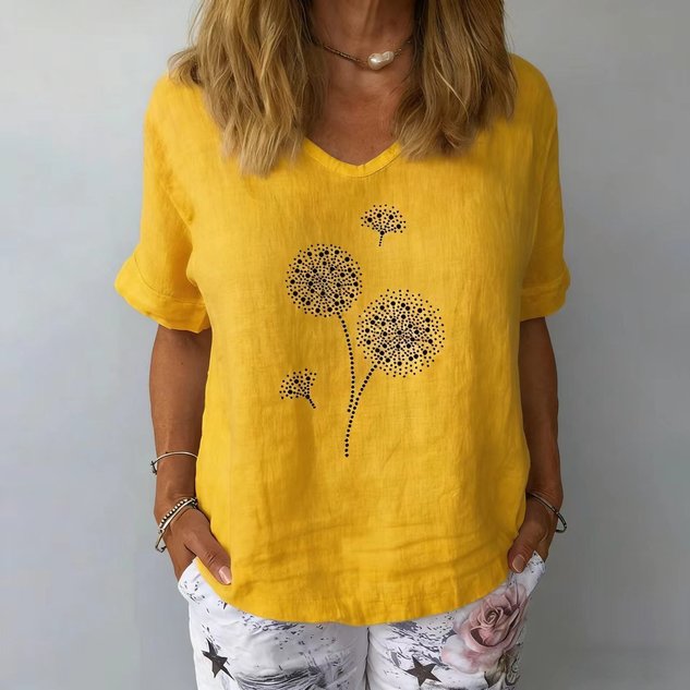 Crew Neck Short Sleeve Dandelion Regular Loose Tunic Blouse For Women