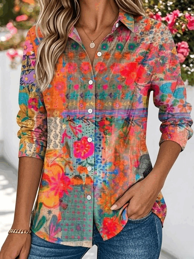 Women's Shirt Cotton Button Up Floral Geometric Basic Blouse Casual Long Sleeve Shirt Collar Daily Top
