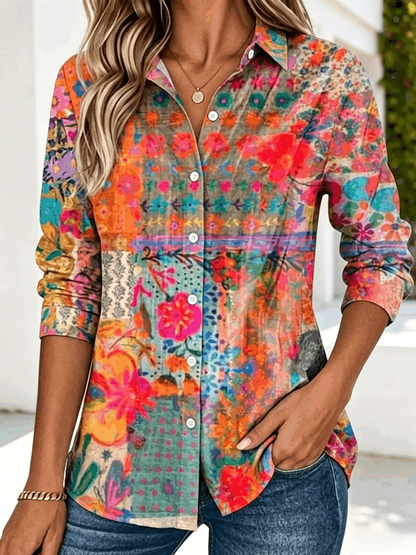 Women's Shirt Cotton Button Up Floral Geometric Basic Blouse Casual Long Sleeve Shirt Collar Daily Top