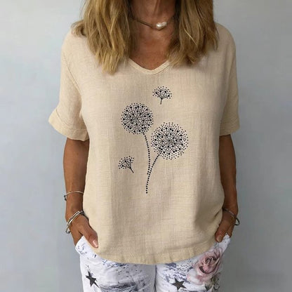 Crew Neck Short Sleeve Dandelion Regular Loose Tunic Blouse For Women