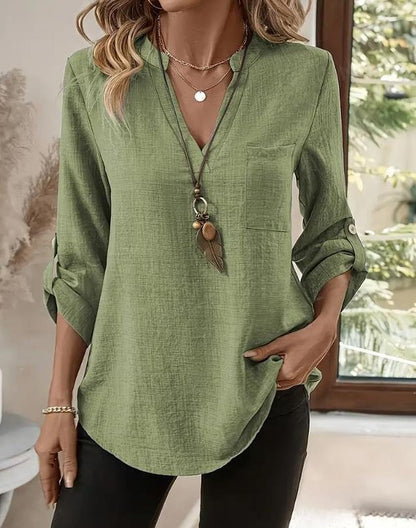 V Neck Three Quarter Sleeve Plain Split Joint Regular Micro-Elasticity Loose Tunic Shirt For Women